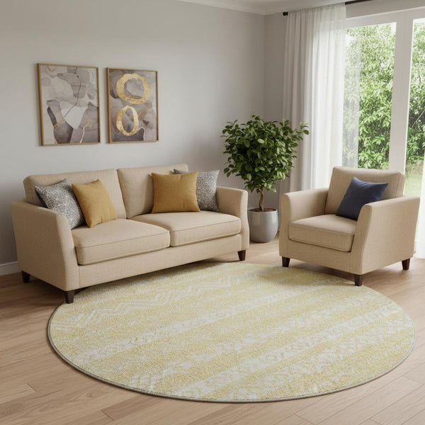 HomeRoots 8' Gold and Beige Southwestern Round Rug – Washable, UV Protected, Durable, Ideal for Homes with Kids 665888