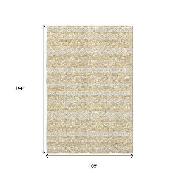 HomeRoots 9' X 12' Gold and Beige Southwestern Washable Area Rug - Durable, Stain-Resistant, UV Protected Style! 665890