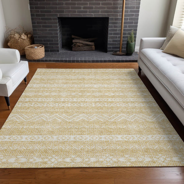 HomeRoots 9' X 12' Gold and Beige Southwestern Washable Area Rug - Durable, Stain-Resistant, UV Protected Style! 665890