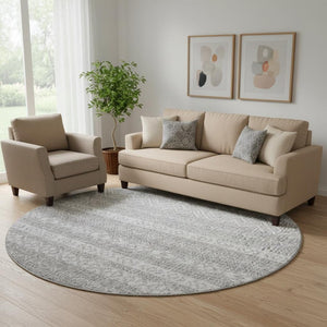 HomeRoots 8' Gray and Silver Southwestern Round Rug - Washable, UV-Protected, Stylish for High-Traffic Areas 665894