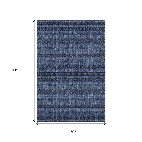 HomeRoots 5' X 8' Navy Blue & Gray Southwestern Washable Area Rug with UV Protection for Pets & Kids' Spaces 665905