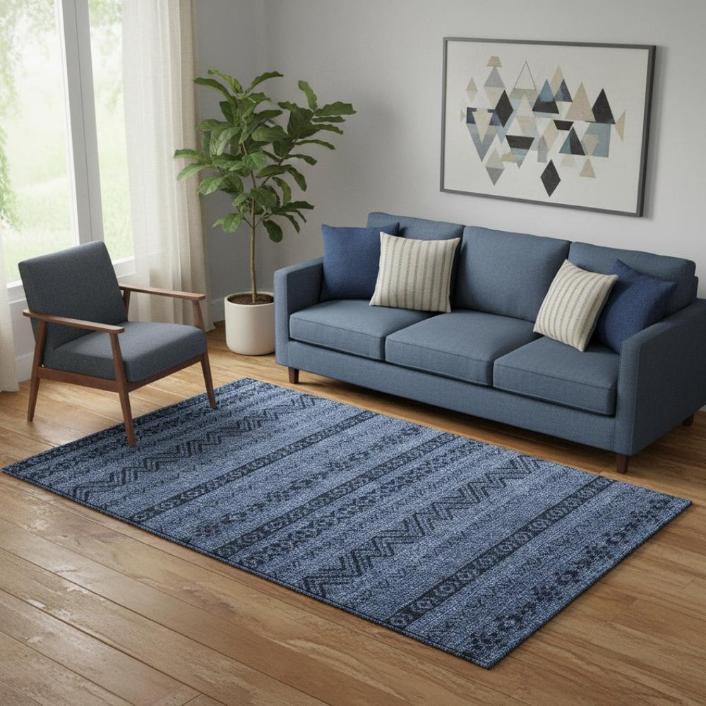 HomeRoots 5' X 8' Navy Blue & Gray Southwestern Washable Area Rug with UV Protection for Pets & Kids' Spaces 665905