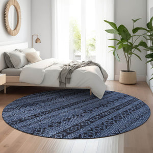 HomeRoots 8' Navy Blue & Gray Southwestern Washable Round Rug - Durable, Stylish, UV Protected for Any Space 665906