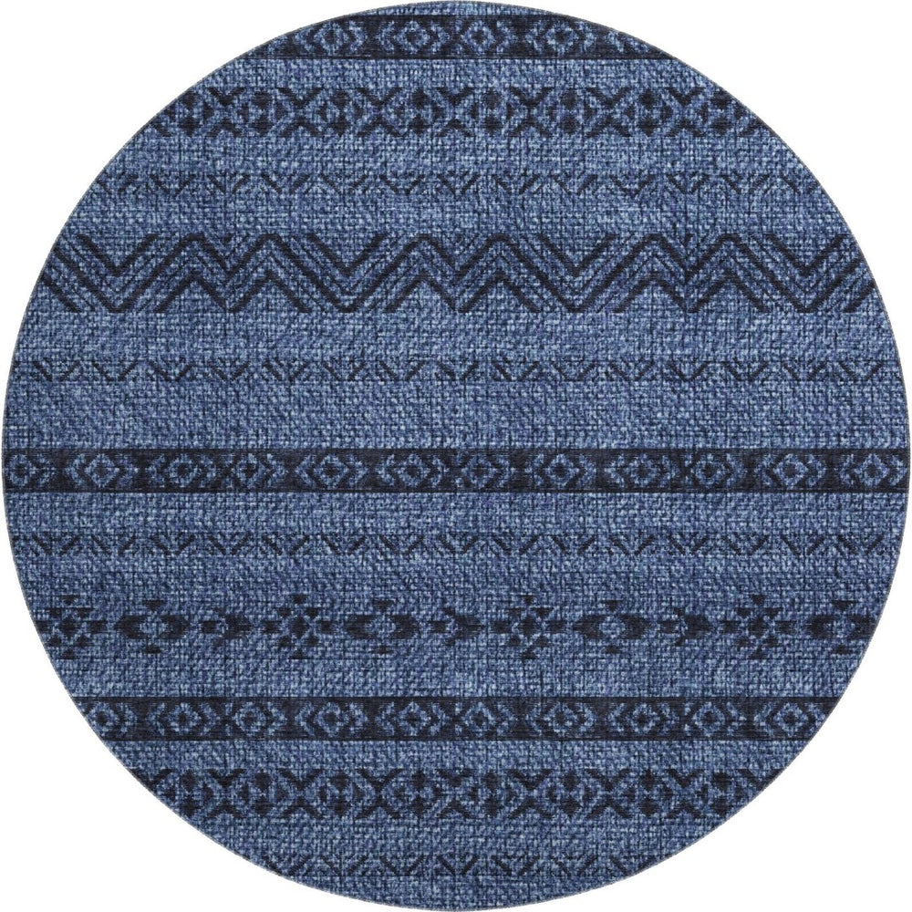 HomeRoots 8' Navy Blue & Gray Southwestern Washable Round Rug - Durable, Stylish, UV Protected for Any Space 665906