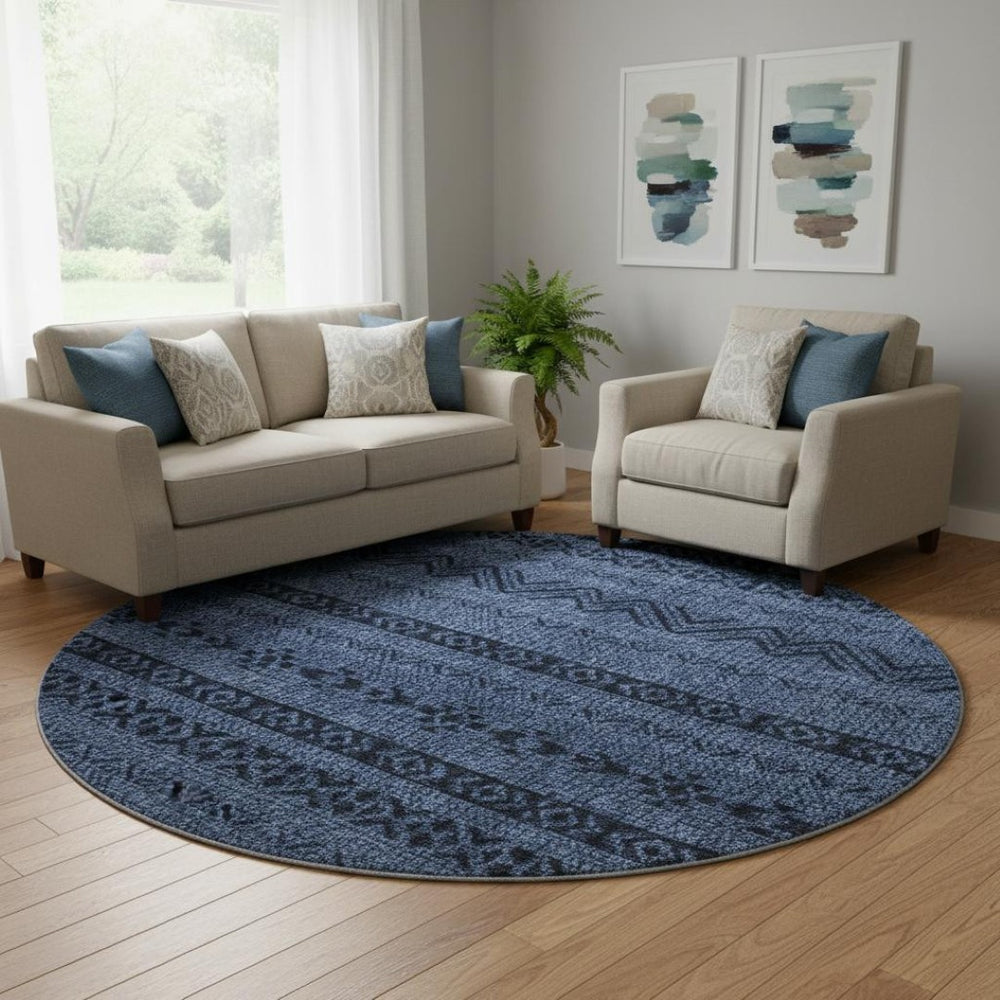 HomeRoots 8' Navy Blue & Gray Southwestern Washable Round Rug - Durable, Stylish, UV Protected for Any Space 665906