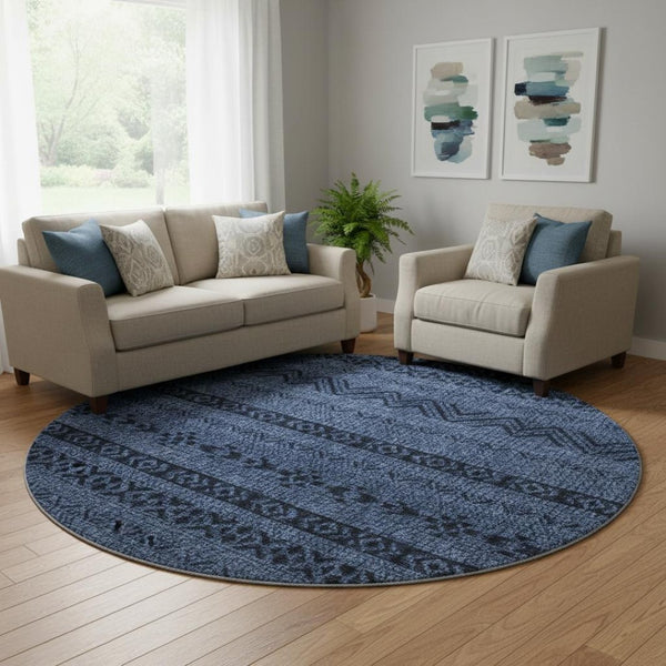 HomeRoots 8' Navy Blue & Gray Southwestern Washable Round Rug - Durable, Stylish, UV Protected for Any Space 665906