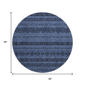 HomeRoots 8' Navy Blue & Gray Southwestern Washable Round Rug - Durable, Stylish, UV Protected for Any Space 665906