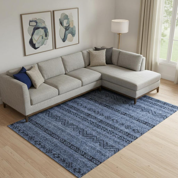 HomeRoots 8' Navy Blue and Gray Southwestern Washable Area Rug with UV Protection, Stain Resistant Design 665907