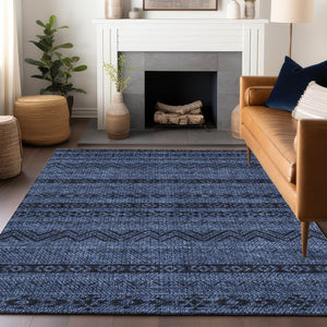 HomeRoots 8' Navy Blue and Gray Southwestern Washable Area Rug with UV Protection, Stain Resistant Design 665907