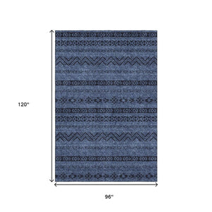 HomeRoots 8' Navy Blue and Gray Southwestern Washable Area Rug with UV Protection, Stain Resistant Design 665907
