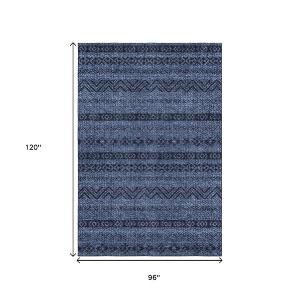 HomeRoots 8' Navy Blue and Gray Southwestern Washable Area Rug with UV Protection, Stain Resistant Design 665907