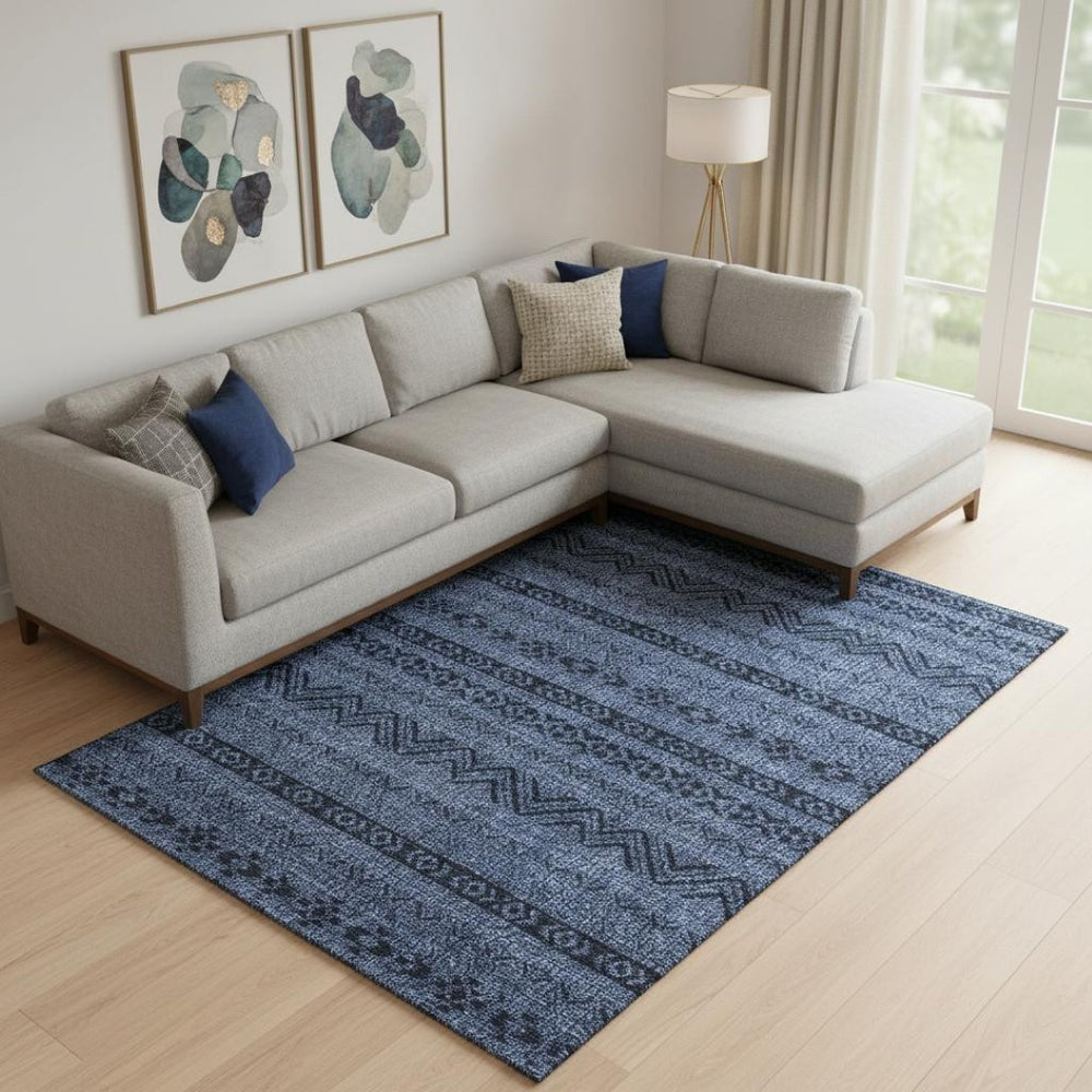 HomeRoots 9' X 12' Navy Blue & Gray Southwestern Area Rug – Washable, Stain-Resistant, UV Protection & Stylish! 665908