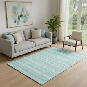 HomeRoots 5' X 8' Stylish Teal & Ivory Southwestern Area Rug - Washable, UV-Protected, Durable & Stain-Resistant! 665917
