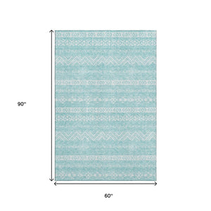 HomeRoots 5' X 8' Stylish Teal & Ivory Southwestern Area Rug - Washable, UV-Protected, Durable & Stain-Resistant! 665917