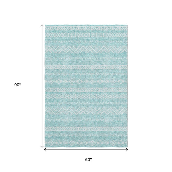 HomeRoots 5' X 8' Stylish Teal & Ivory Southwestern Area Rug - Washable, UV-Protected, Durable & Stain-Resistant! 665917