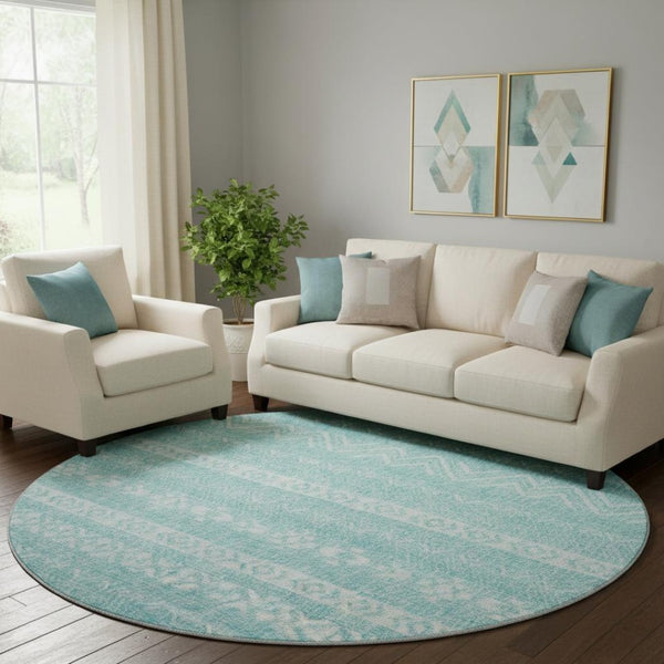 HomeRoots 8' Stylish Teal and Ivory Southwestern Round Rug - Washable, UV Protected & Stain Resistant Design 665918