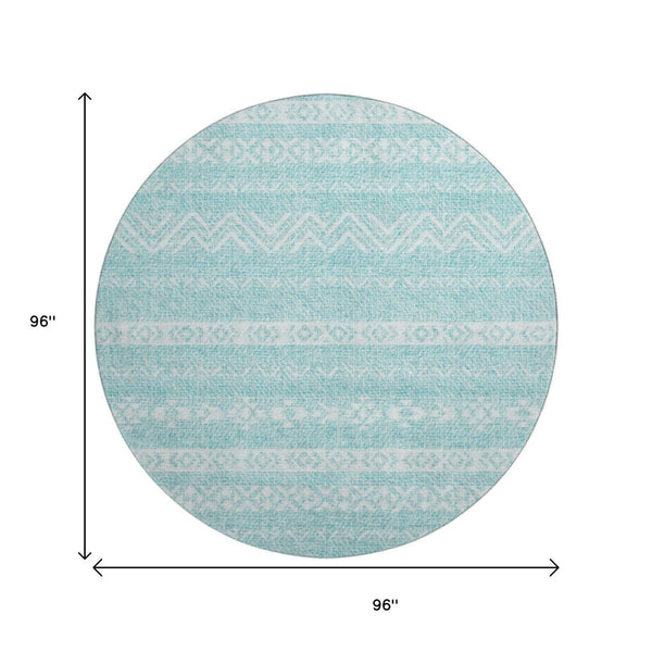 HomeRoots 8' Stylish Teal and Ivory Southwestern Round Rug - Washable, UV Protected & Stain Resistant Design 665918