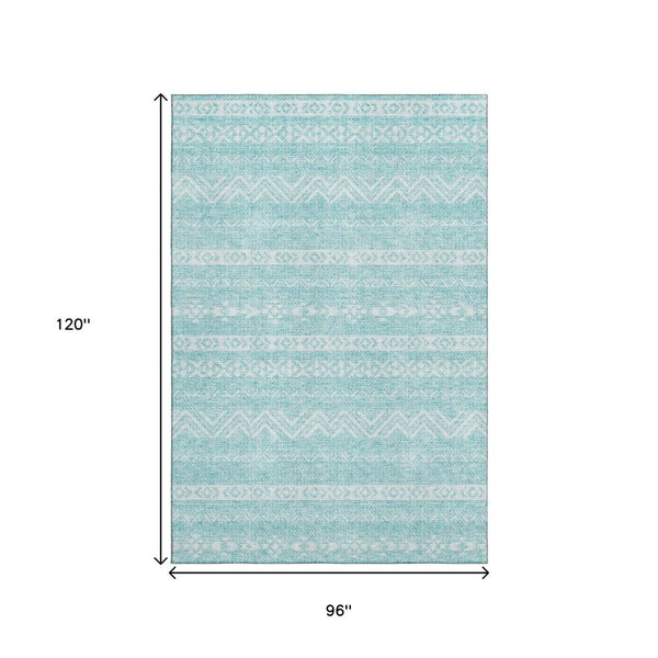 HomeRoots 8' X 10' Teal & Ivory Southwestern Washable Area Rug - UV Protected, Soft, Stain-Resistant Design! 665919