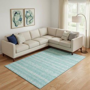HomeRoots 8' X 10' Teal & Ivory Southwestern Washable Area Rug - UV Protected, Soft, Stain-Resistant Design! 665919