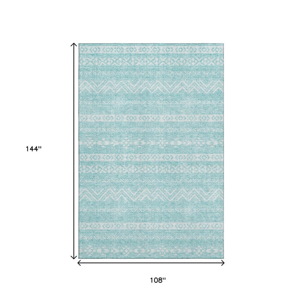 HomeRoots 9' X 12' Teal And Ivory Southwestern Area Rug – Durable, Washable, UV-Protected for High-Traffic Homes 665920