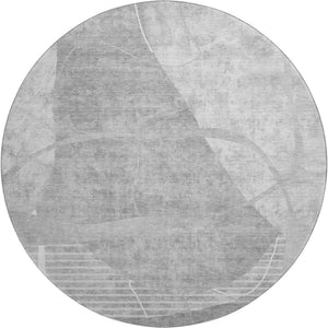 HomeRoots 8' Gray and Silver Abstract Round Rug - Washable, Stain-Resistant, UV Protected for Modern Spaces 665954