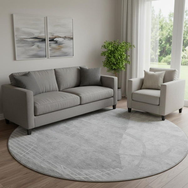 HomeRoots 8' Gray and Silver Abstract Round Rug - Washable, Stain-Resistant, UV Protected for Modern Spaces 665954
