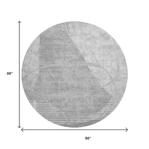HomeRoots 8' Gray and Silver Abstract Round Rug - Washable, Stain-Resistant, UV Protected for Modern Spaces 665954