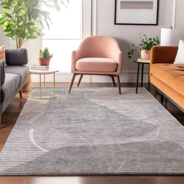 HomeRoots 9' X 12' Gray and Silver Abstract Geometric Rug - Washable, Durable, UV-Protected for Modern Homes 665956