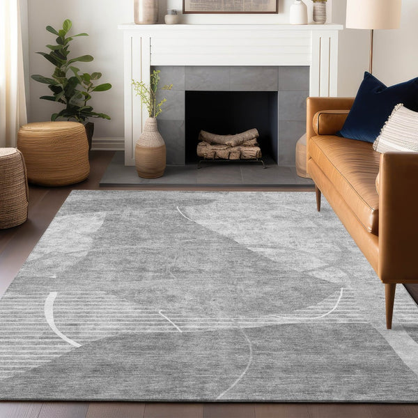 HomeRoots 9' X 12' Gray and Silver Abstract Geometric Rug - Washable, Durable, UV-Protected for Modern Homes 665956