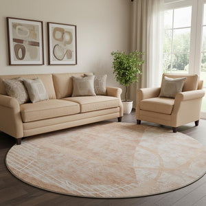 HomeRoots 8' Salmon and Ivory Abstract Geometric Washable Round Rug - Stylish, Durable, UV-Protected, Easy Care! 665960