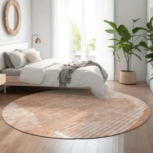 HomeRoots 8' Salmon and Ivory Abstract Geometric Washable Round Rug - Stylish, Durable, UV-Protected, Easy Care! 665960