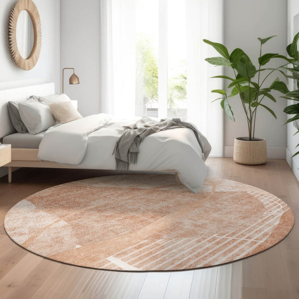 HomeRoots 8' Salmon and Ivory Abstract Geometric Washable Round Rug - Stylish, Durable, UV-Protected, Easy Care! 665960