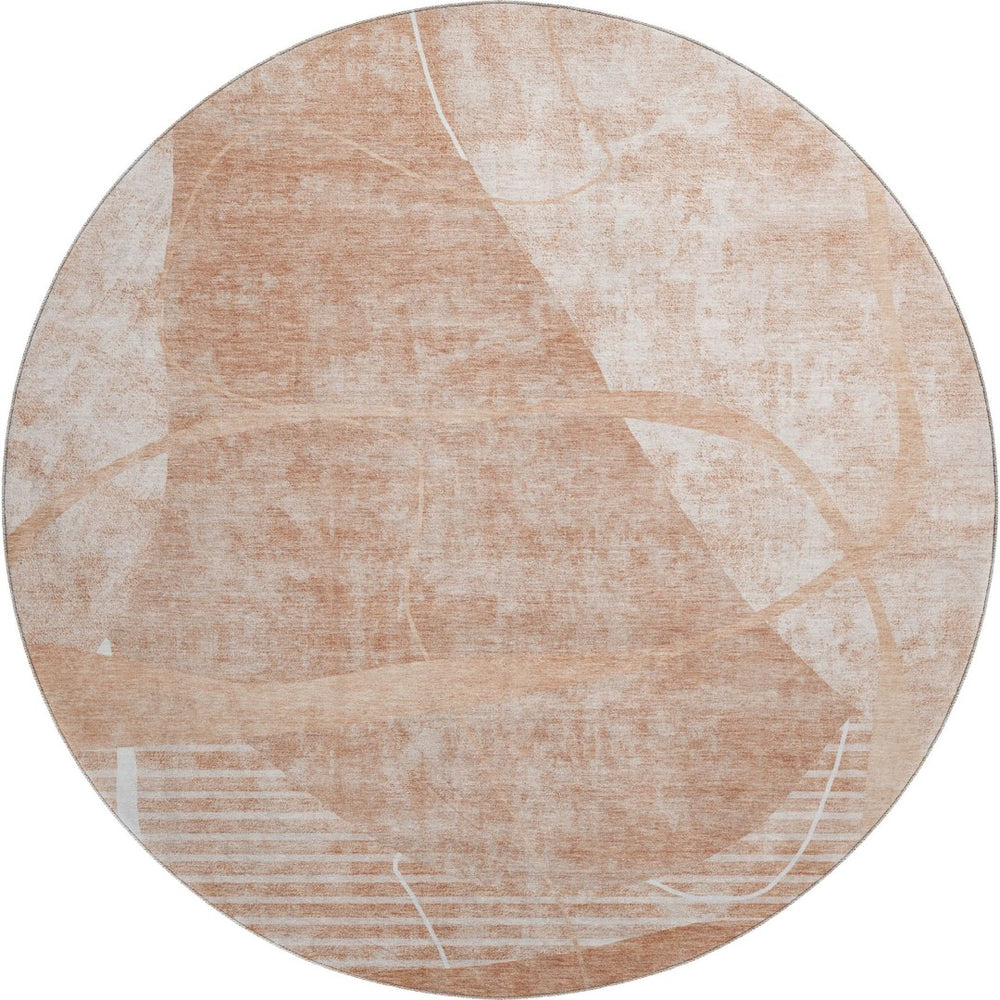HomeRoots 8' Salmon and Ivory Abstract Geometric Washable Round Rug - Stylish, Durable, UV-Protected, Easy Care! 665960