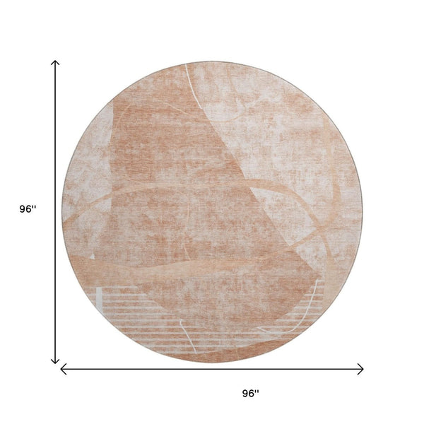 HomeRoots 8' Salmon and Ivory Abstract Geometric Washable Round Rug - Stylish, Durable, UV-Protected, Easy Care! 665960