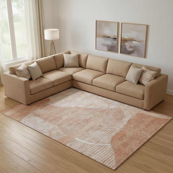 HomeRoots 8' X 10' Salmon and Ivory Abstract Geometric Area Rug – Soft, Washable, UV-Protected for Style & Durability 665961