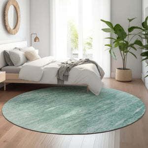 HomeRoots 8' Aqua and Teal Abstract Round Rug - Washable, UV-Protected, Stain-Resistant for High-Traffic Areas 665984