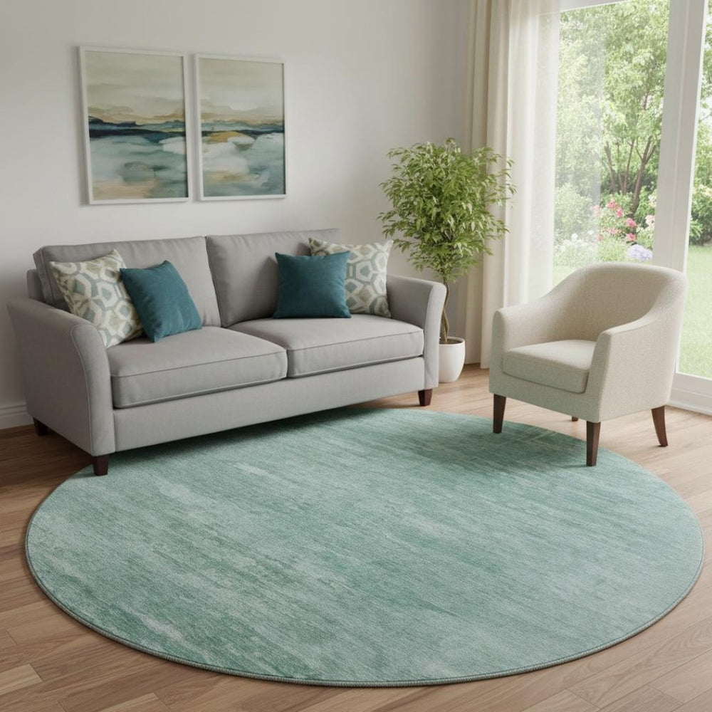 HomeRoots 8' Aqua and Teal Abstract Round Rug - Washable, UV-Protected, Stain-Resistant for High-Traffic Areas 665984