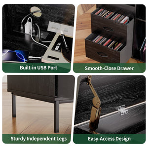 English Elm Record Player Stand with Vinyl Storage Mid-century Wood Console for Living Room T2398P438827