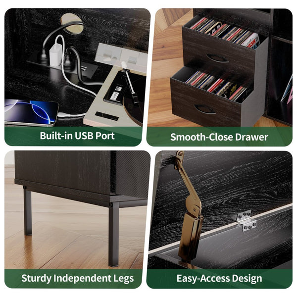 English Elm Record Player Stand with Vinyl Storage Mid-century Wood Console for Living Room T2398P438827