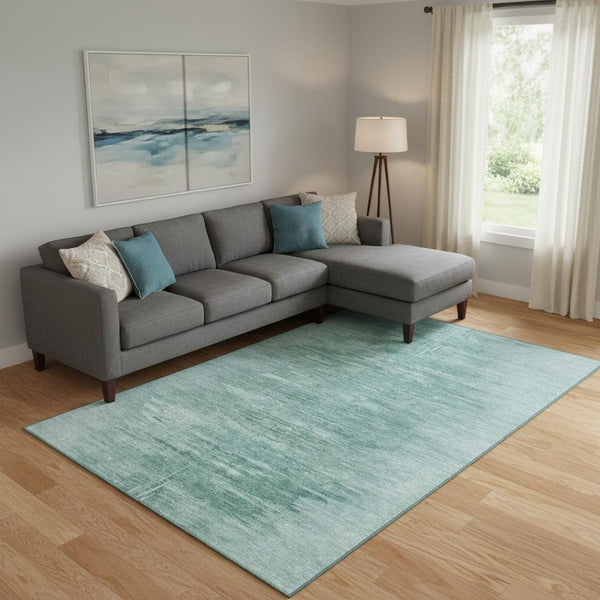 HomeRoots 10' Aqua & Teal Abstract Area Rug - Washable, UV-Protected, Soft Polyester for Modern Spaces 665987