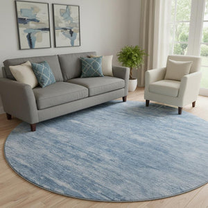 HomeRoots 8' Blue and Ivory Abstract Round Rug - Stylish, Washable, UV-Protected for Modern Living Spaces 665990