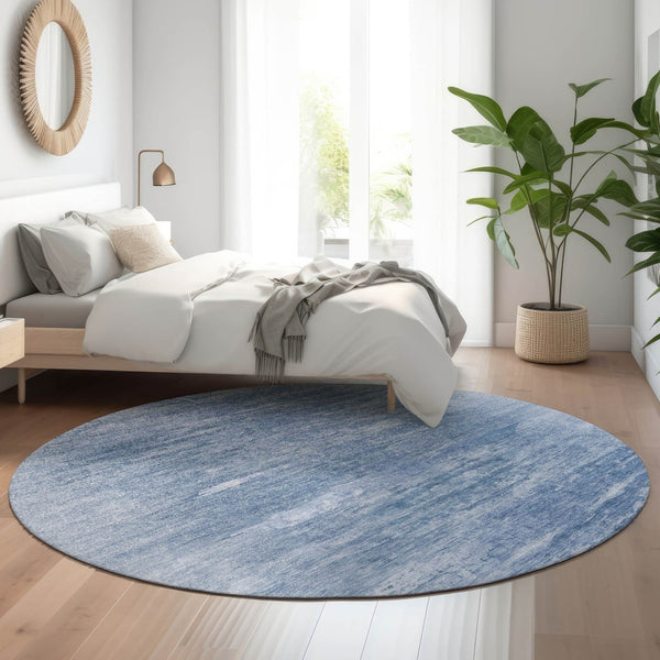 HomeRoots 8' Blue and Ivory Abstract Round Rug - Stylish, Washable, UV-Protected for Modern Living Spaces 665990