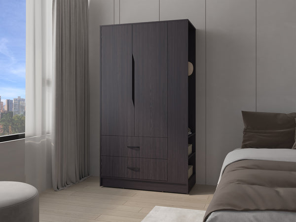 English Elm Sehili Spacious 3-Door Wardrobe with Drawer, Side Shelves & Dual Hanging Rods, Scratch-Resistant Wenge B128S00187