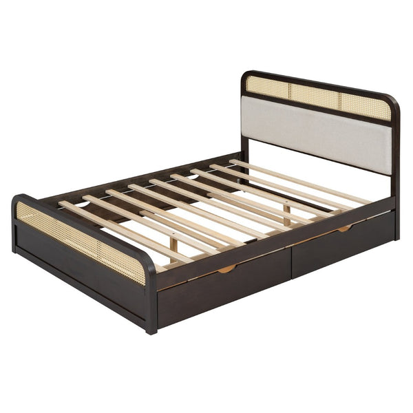 English Elm Queen Wooden Platform Bed With Trundle, 2 Storage Drawers & Padded Headboard In Espresso Finish N820S00010P-GIGA