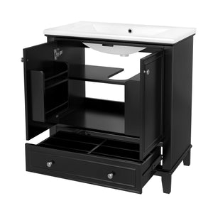 English Elm 30" Bathroom Vanity with Sink — Modern Freestanding 30" Cabinet with Ceramic Top, Drawer, Doors, Shelf Black N725P221263B