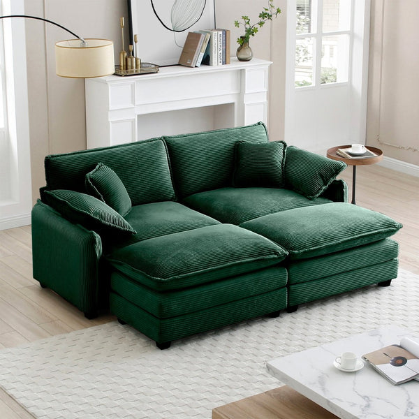 English Elm Two-Seater Theater Sofa In Luxurious Green Corduroy With Footrests – Perfect For Small Spaces! W714S00731-GIGA