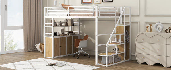 English Elm Full Size Metal Loft Bed with Desk, Storage Staircase, Wardrobe & Shelves — Space-Saving White GX002219AAK