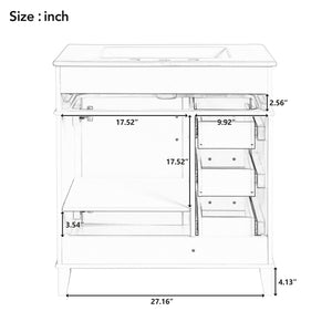 English Elm 30-Inch Bathroom Vanity with Ceramic Sink, Gold Handles, Solid Wood Frame and Soft-Close Drawers White N729P195052K