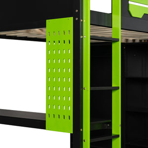 English Elm Full Size Gaming Loft Bed with Rgb Lighting Integrated Desk and Open Wardrobe Green N820S00073F