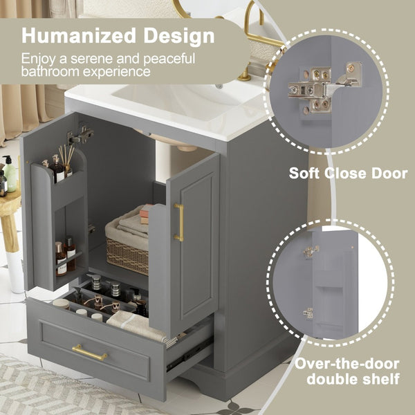 English Elm 24"bathroom Vanity Freestanding Gray Mdf Ceramic Sink Soft Close Storage Cabinet N729P321378E